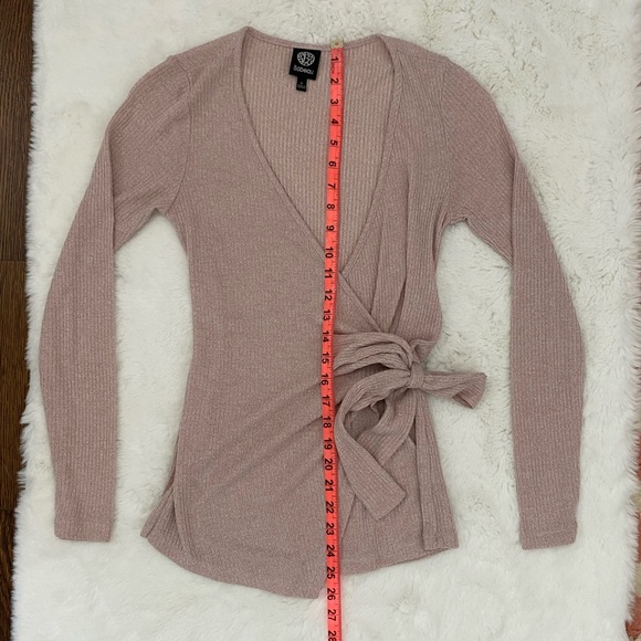 Balletcore Wrap Side Tie Long Sleeve Top | Bobeau Dusty Rose Pink Ribbed Sweater - Picture 10 of 16